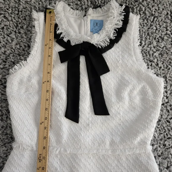 CeCe White Mini Dress Sz 6 M Tweed Sleeveless Black Bow Neck Tie Graduation - Picture 11 of 13